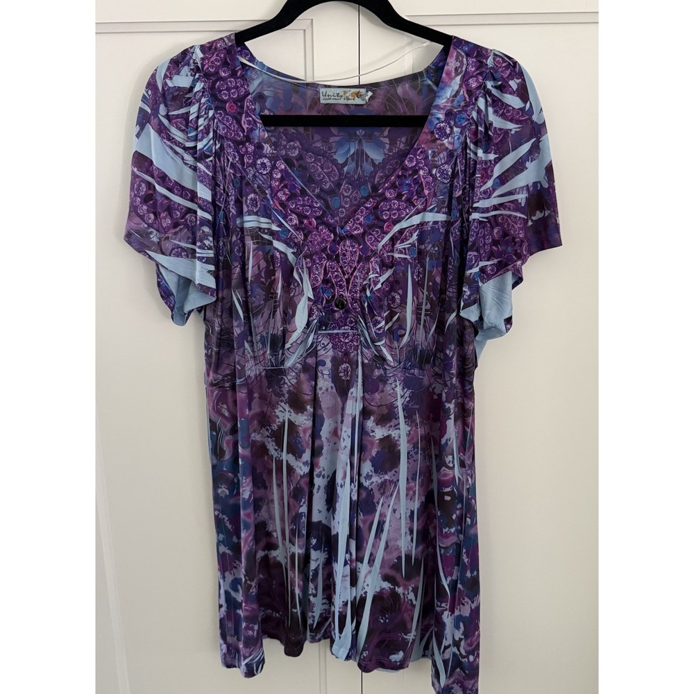 Y2K Fairy VNeck Tunic Top Unity World 1X Purple Blue Abstract Cap Sleeves Forest